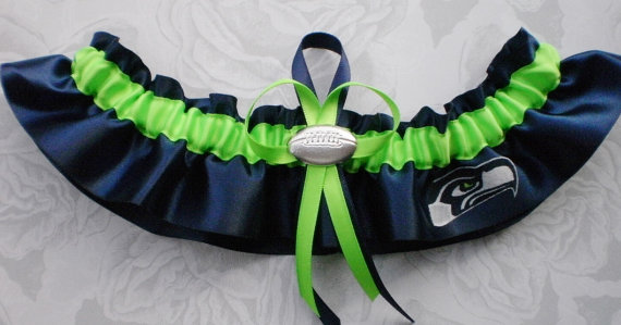 Hochzeit - Seattle Seahawks SATIN Navy Blue Wedding Garter Keepsake Football  Charm Sport
