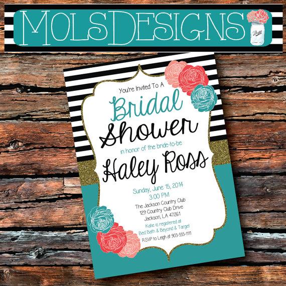 Wedding - BLACK WHITE Stripes BRIDAL Floral Turquoise Gold Glitter Coral Peach Wedding Shower Family Reunion Surprise Birthday 21st 30th Invitation