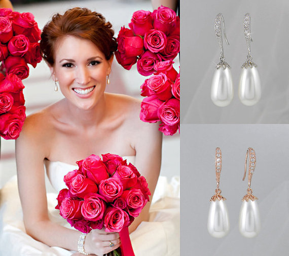 Wedding - Rose Gold Bridal Earrings, Pearl Drop wedding earrings , Simple Bridal Earrings, Rose Gold Wedding Jewellery, Classic, Swarovski, Alaina