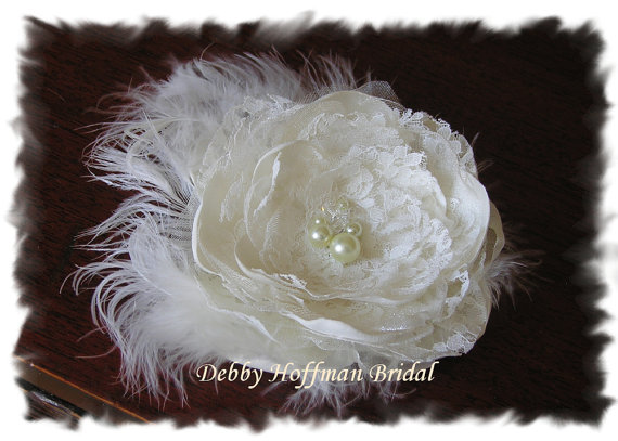 Wedding - Floral Hair Comb, Bridal Flower Hair Clip, Wedding Fascinator with Pearl Beads, Crystals, Feathers, No. 1012FPCF, Wedding Hair Accessories