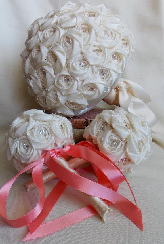 Hochzeit - Wedding Package Decor and Bouquet Cake Topper Bridesmaids Bouquet Boutonnieres Hair Accessories Flower Decor Ivory and Pearl Bride Bridal