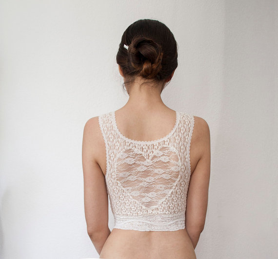 Wedding - Heart Back. Ivory Lace Cropped Bra Top. Bralette. Off white Lace Tank top. Bridal Lingerie.