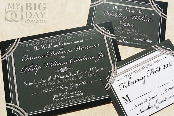 Hochzeit - 1920's style Great Gatsby Wedding Invitation. Hollywood Gatsby Invites. Glitter and Gatsby wedding invitations
