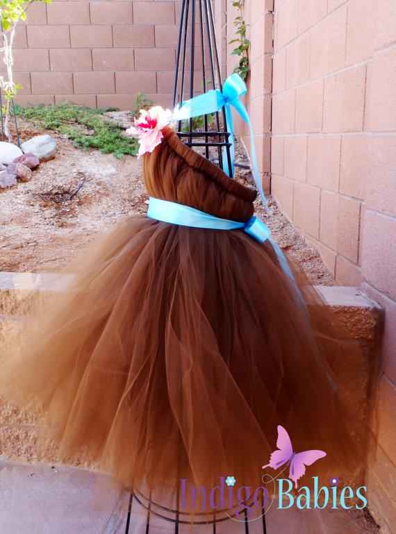 زفاف - Tutu Dress, Flower Girl Dress, Chocolate Brown Tulle, Turquoise Blue Ribbon, Pink Silk Flower, Bridesmaids Dress, Portrait Dress, Wedding