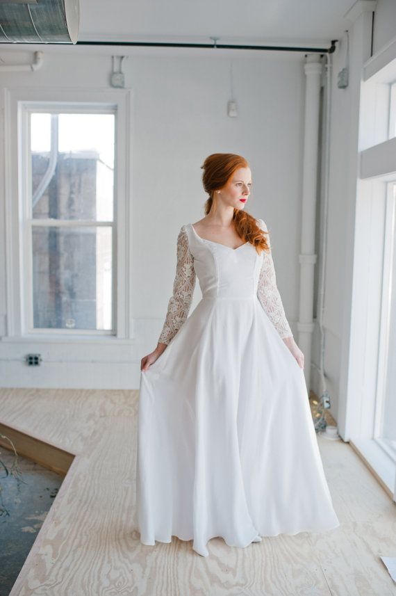 Mariage - Astrid Wedding Dress; Handmade Wedding Dress, Elegant Silk Gown With Wide V-neck & Stunning Beaded Lace Sleeves