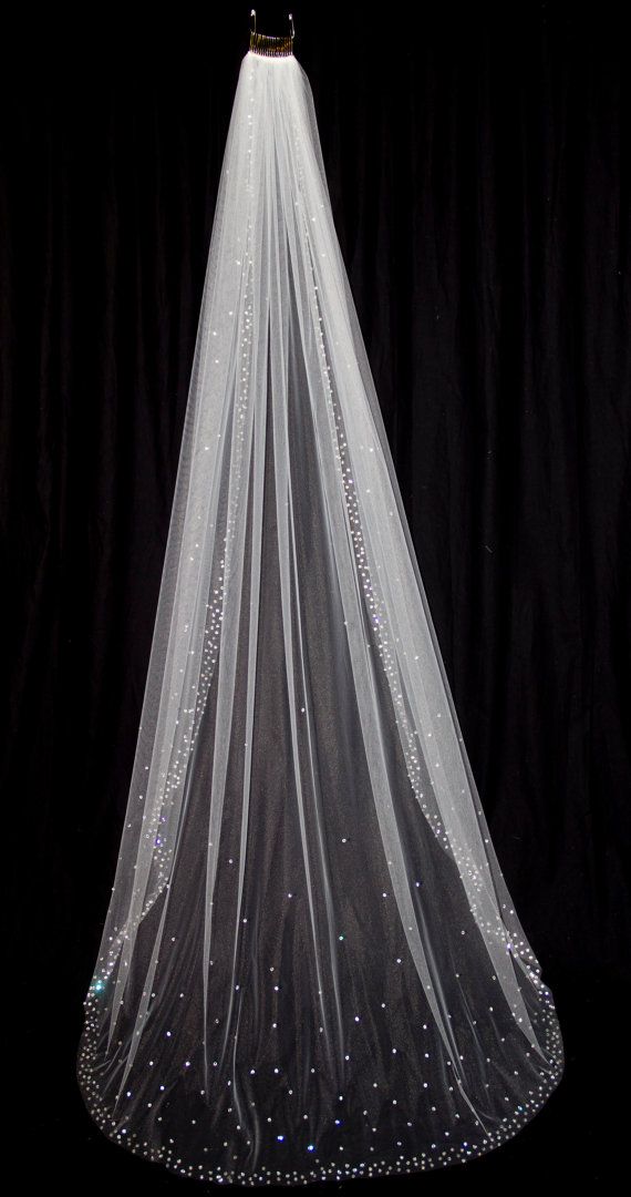 زفاف - Bridal Veil With Crystal Edge And Scattered Crystals, Floor Length (75 Inch) Crystal Wedding Veil, White Or Ivory Veil, Style 1030