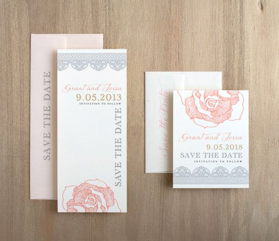 Wedding - Lace Save The Dates, Blush Save The Date Cards, Gray, Gold And Blush Peach, Vintage Inspired Wedding - "Ruffled Romance" Save The Dates