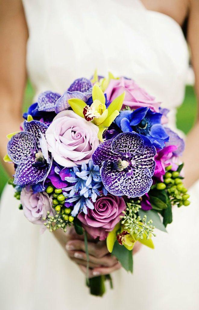 Wedding - Unique Bouquet ... Freckled Vanda Orchids, Bright Chartreuse Cymbidium Orchids And Hypericum Berries, Electric Blue Anem...