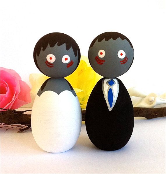 Mariage - Custom Zombie Wedding Cake Toppers Kokeshi Doll Halloween Table Centerpiece Birthday Cake Topper Wooden Peg Japanese Style Doll Anime
