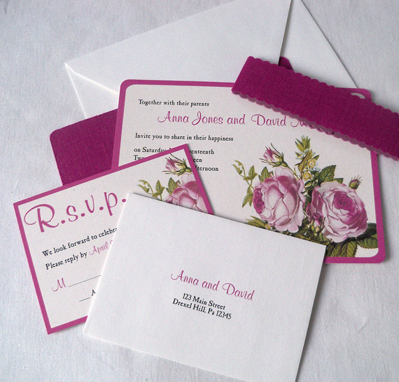 زفاف - Rustic Wedding Invitation Suite, Hot Pink, Vintage Garden Roses Invitation, Fuchsia and Cream, Linen Fabric, Burlap Invitation Style {25}