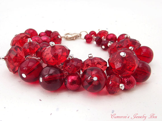 زفاف - Red Cluster Bracelet, Red Beaded Bracelet, Swarovski Crystals, Bridesmaid Bracelet, Wedding Jewelry, Red Bracelet