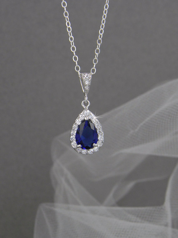 Hochzeit - Crystal Bridal Necklace, Sapphire Blue Wedding Jewelry, Crystal Drop Bridal necklace, Swarovski crystal, Ariel Blue Crystal Necklace