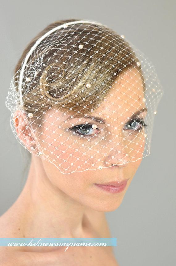 زفاف - Wedding Bridal Birdcage Veil, Pearls Touching (Free U.S Shipping) - blusher Veil, bridal head band, french, russian, ivory, white