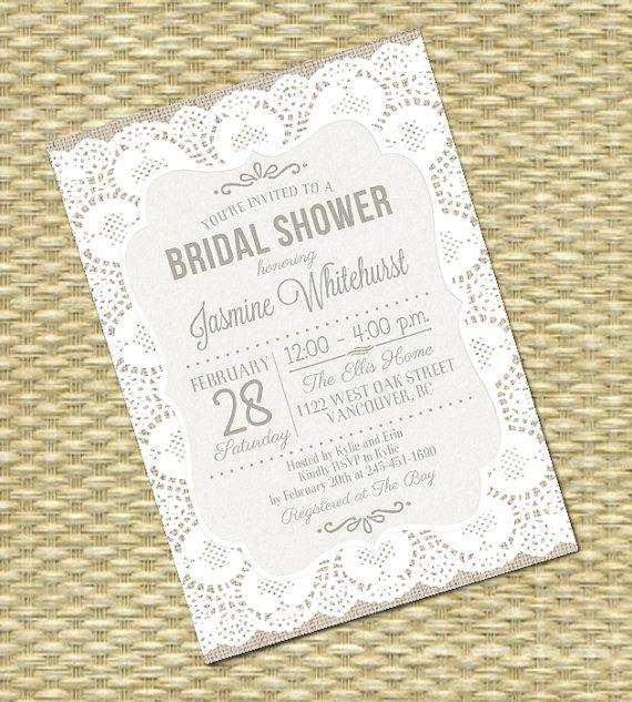 Hochzeit - Lace Bridal Shower Invitation Lace Burlap Bridal Invitation Shabby Chic Lace Invitation Rustic Burlap Invitation, ANY EVENT