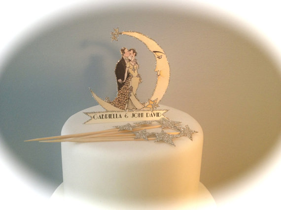 Wedding - Moon Wedding Cake Topper with Set of 6 Star Toppers