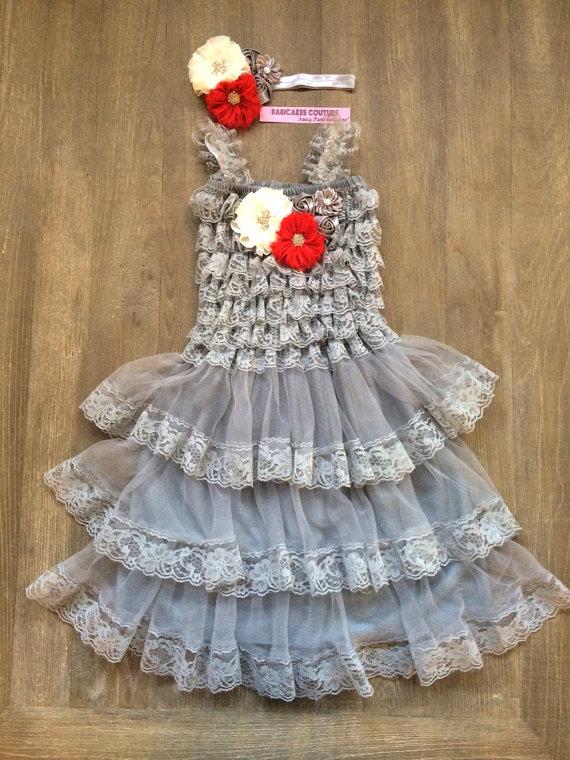 Wedding - Baby Girls Gray Lace Ruffle Petti Dress & Headband 1st Birthday Dress, Flower Girl Dress, Tea Party Dress, Lace Dress, Rustic Wedding Dress
