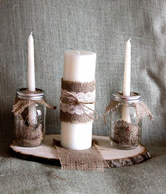 Wedding - Mason Jar, Burlap, and Lace Unity Candle Complete Set