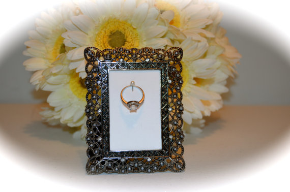 Wedding - Black and Crystal Engagement & Wedding Ring Picture Frame Ring Holder-2" x 3"