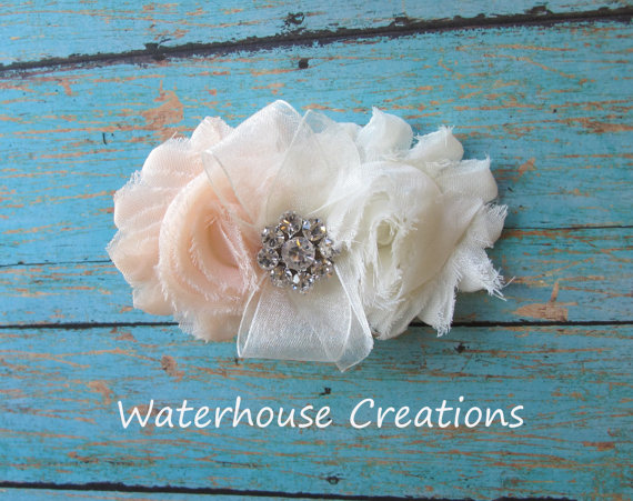 Mariage - Blush Peach Flower Girls Hair Clip in Ivory or White, CUSTOM COLORS AVAILABLE, Wedding Headpiece- Rhinestones- wedding colors