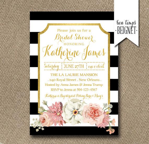 Hochzeit - Floral with Black and White Stripe Bridal Shower Invitation - 5x7 Printable Invitation -  Black and White stripes with Floral  accent