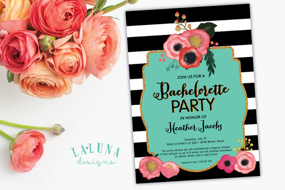 Wedding - Bachelorette Party Invitation, Black & White Stripe, Floral Invite, Glitter Bachelorette Invitation, Hens Party Invitation