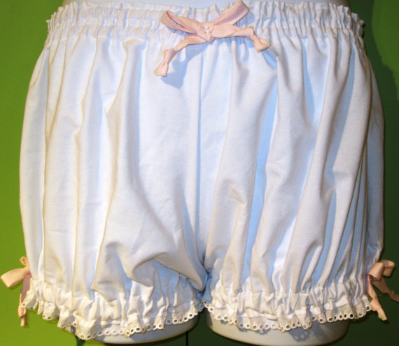 Hochzeit - Size Small Womens Bloomers, pajama bottoms white cotton trimmed in Pink Ribbons and White Eyelet