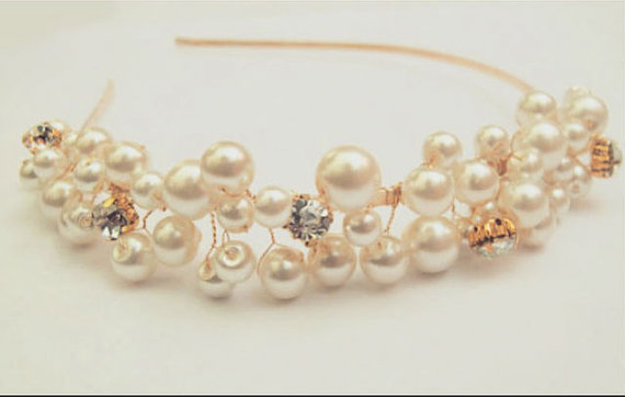 Свадьба - Rhinestone Pearl Beaded Gold   Bridal Headpiece Headband Tiara Wedding Hair Vine