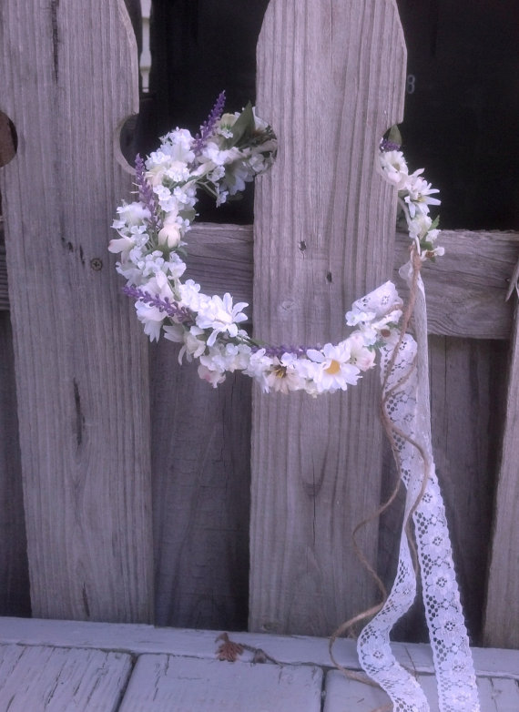 Hochzeit - Lavender, Lace, Twine Flower Crown Bridal Rustic Chic Wedding Accessories hair wreath Headpiece halo Ivory White Woodland Fairy headdress