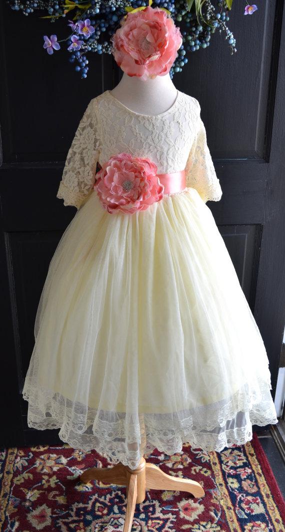 Wedding - Ivory Flower girl Tutu dress, Girls Coral Pink Long Tulle Skirt lace blouse, Ivory lace Skirt blouse set , Girls Tutu, Flower girl dress
