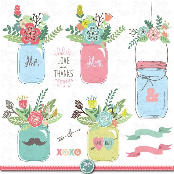 زفاف - Hand Draw Mason jar Clipart: "WEDDING MASON JAR" clip art Mason Jar,Wedding invitation,save the date, Clip art for scrapbooking Wd049