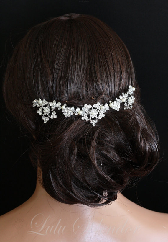 Wedding - Bridal Hair Accessory Back Comb Swarovski Crystal and Pearl Flower Vine Comb Wedding Head Piece LUCINDA