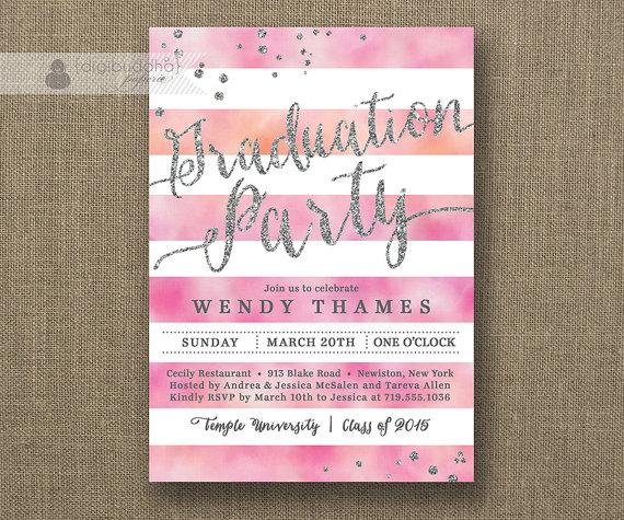 Hochzeit - Pink Watercolor Graduation Party Invitation Glitter Horizontal Stripes Modern Bachelorette  FREE PRIORITY SHIPPING or DiY Printable - Wendy