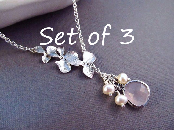 زفاف - Bridesmaid Gift Jewelry Set of 3, You Choose Color, Silver Orchid Flowers with Pearls and Jewel, Bridesmaid Necklace Pearl, Bridal Party