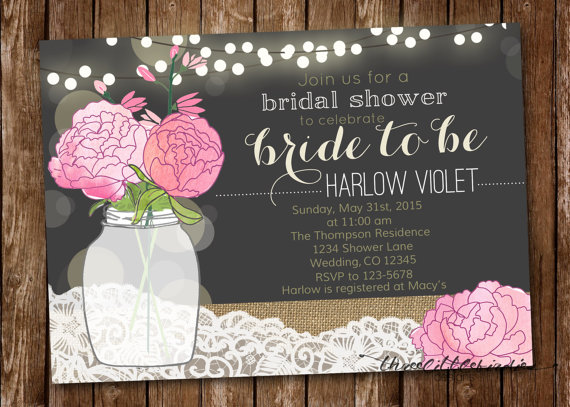 Wedding - Rustic Bridal Shower or Wedding Invitation mason jar