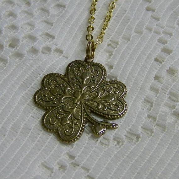 Hochzeit - Antiqued Gold 4 Leaf Clover Necklace - LUCKY Charm - Shamrock - Irish Jewelry - Irish Wedding