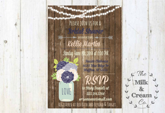 Hochzeit - Rustic Bridal Shower Invite,  Invitation with Flowers, Navy Blue & Blush, Digital File, Rustic Wood Wedding, String Lights Invite