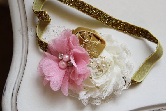 Свадьба - Pink, Gold and Ivory headband, baby headband, newborn headband, photography prop, pink headbands, gold headband