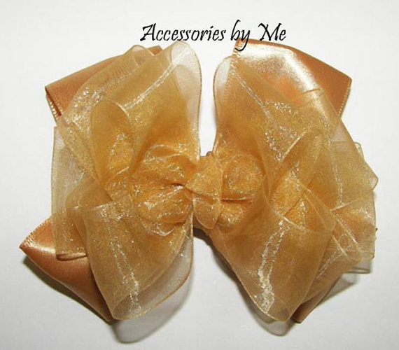 Mariage - Fancy Gold Hair Bow Organza Satin Girls Baby Toddler Childrens Accessory Wedding Bridal Party Pageant Birthday Occasion Free US Shipping