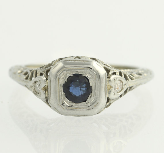 Mariage - Art Deco Sapphire & Diamond Vintage Engagement Ring - 18k White Gold High Karat a3935