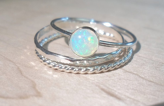 Hochzeit - Opal ring Stacking Set - Sterling silver opal rings - Natural Opal ring-Ethiopian Opal rings set - October birthstone ring - Bridesmaid gift