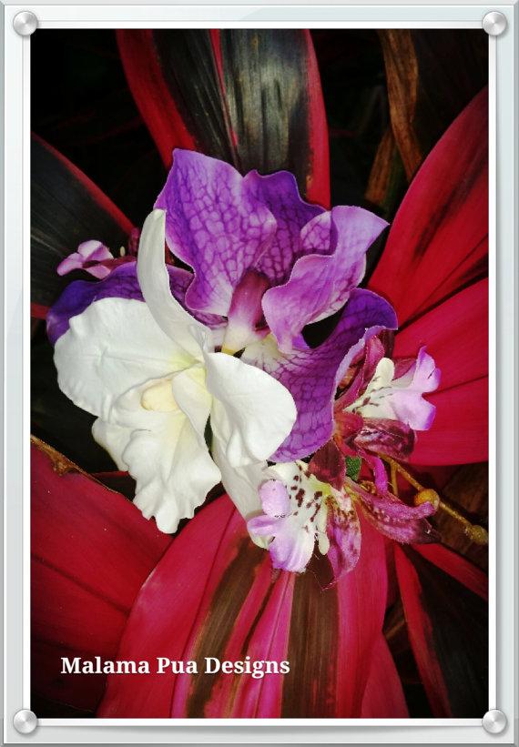 Wedding - SILK FLOWER HAIR Clip - Purple & White Orchids, Flower Clip, Beach Wedding, Fascinator, Bridal, Hawaiian, Headpiece, Hair Accessory, Wedding