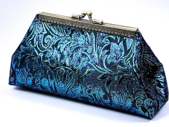 Wedding - Peacock Blue Wedding Clutch,  Bridesmaid Frame Clutch Purse, Special Occasion Evening Bag, Womens Gift by WhiteCross Designs in USA