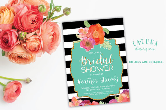 Hochzeit - Bridal Shower Invitation, Floral Black & White Stripe Bridal Shower Invite, Gold Glitter Bridal Shower, DIY Printable