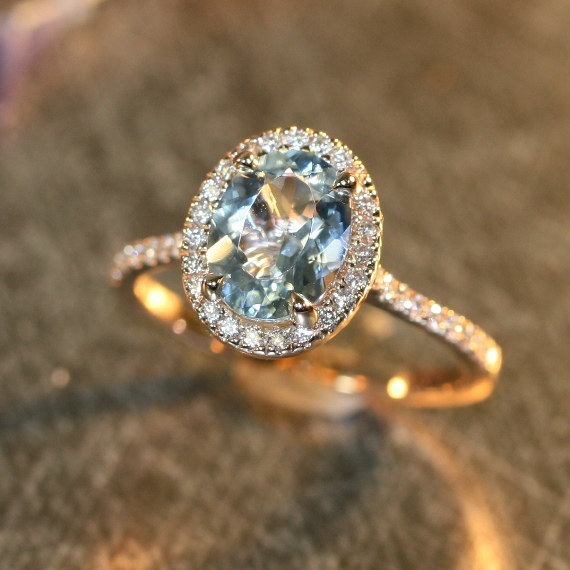 زفاف - Halo Diamond and Aquamarine Engagement Ring in 14k Rose Gold 9x7mm Oval Aquamarine Pave Diamond Wedding Ring (Other Metals Available)