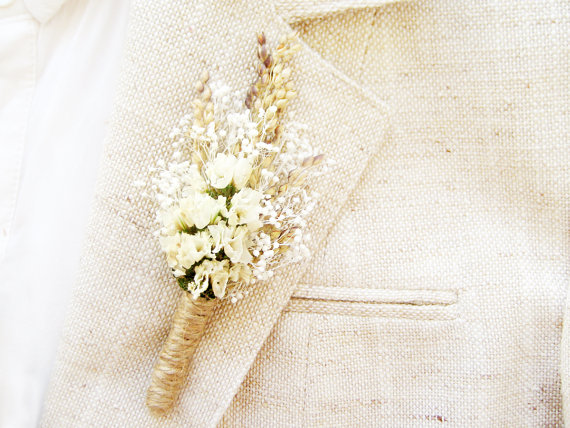 زفاف - Men's rustic wedding boutonniere, Lapel pin, Groom buttonhole, Groomsmen corsage, White - ALPIN