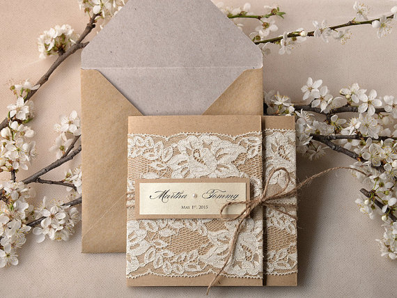 Wedding - Custom listing (20) Recycling Paper, Lace Wedding Invitation, Pocket Fold Rustic Wedding Invitation