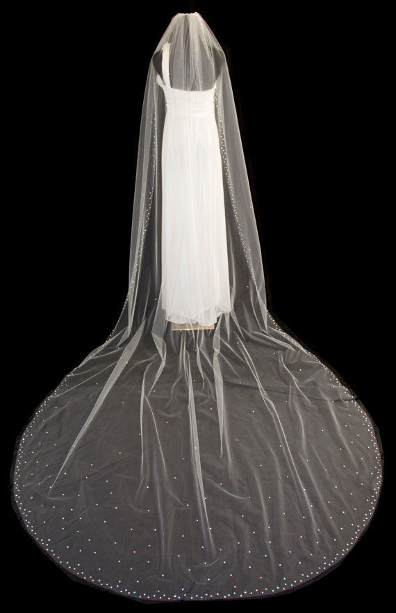 زفاف - Cathedral Length Bridal Veil with Crystal Edge and Scattered Crystals, 120 inch Wedding Veil, White Diamond Ivory Veil, Style 1061