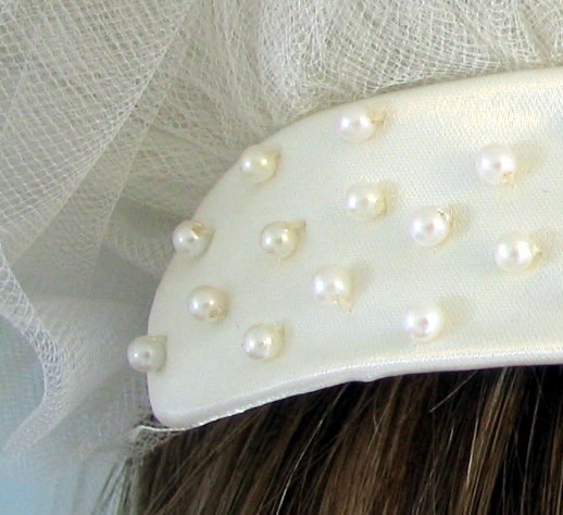 Hochzeit - Handmade OOAK Bridal Veil - Ivory Satin and Pearls with Two Layered Fingertip Veil and Blusher