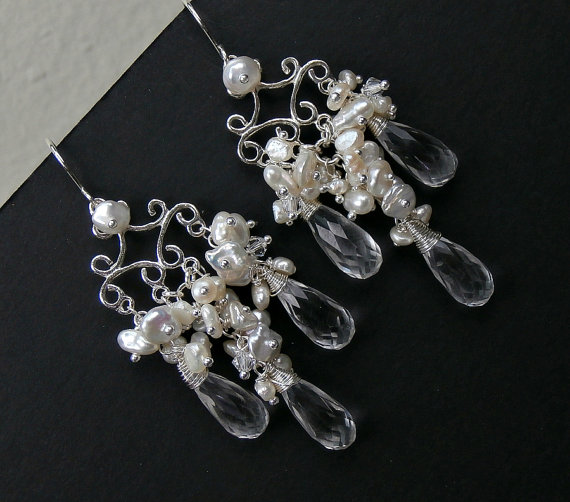 Mariage - Bridal Jewelry Pearl Wedding Chandelier Earrings, Wire Wrap Sterling Silver, Handmade Chandelier Earrings, Luxury Bridal Earrin