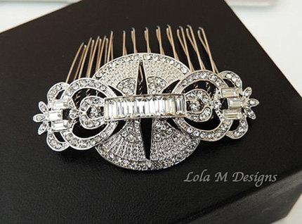 Hochzeit - Anna - Art Deco Bridal Hair Comb - Vintage inspired wedding hair comb - wedding accessory - crystal hair comb - Made to order